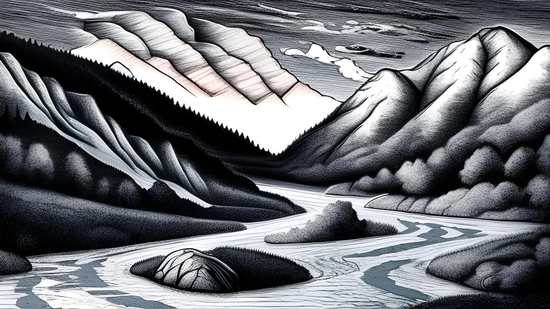 Draw a V-shaped valley with two mountain sides and a river in between. The left side is rocky, the right side softer. The river is wide and rough, with rapids. In the sky at the top left there is the moon and at the top right there is the sun, sun and moon must be equal in size. Use a watercolor style with bright, warm colors.