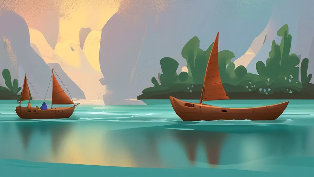 fantasy cartoon illustration: a new wooden boat in Ireland