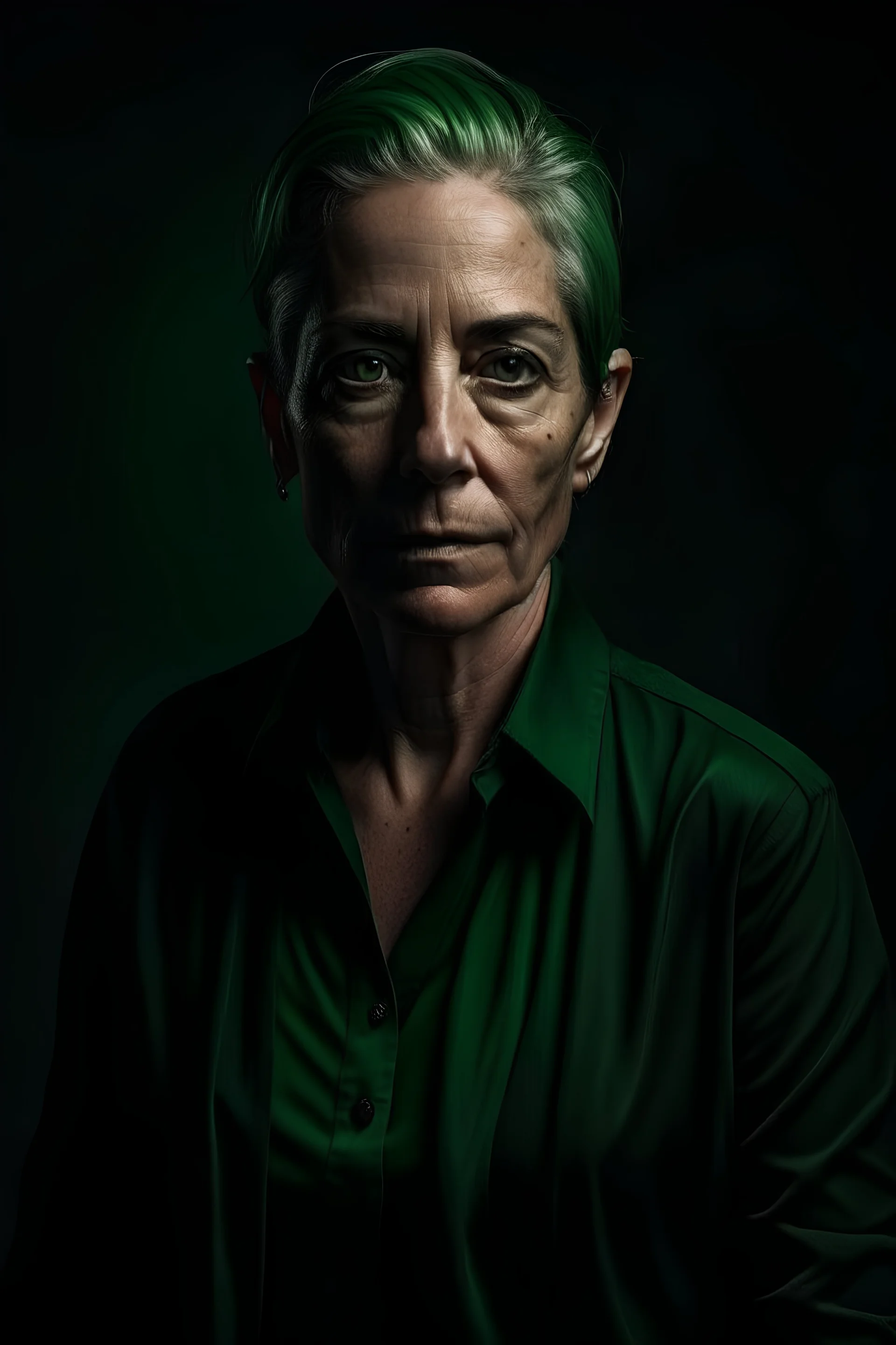 photo of an androgynous, ageless woman whose entire body is stained dark green