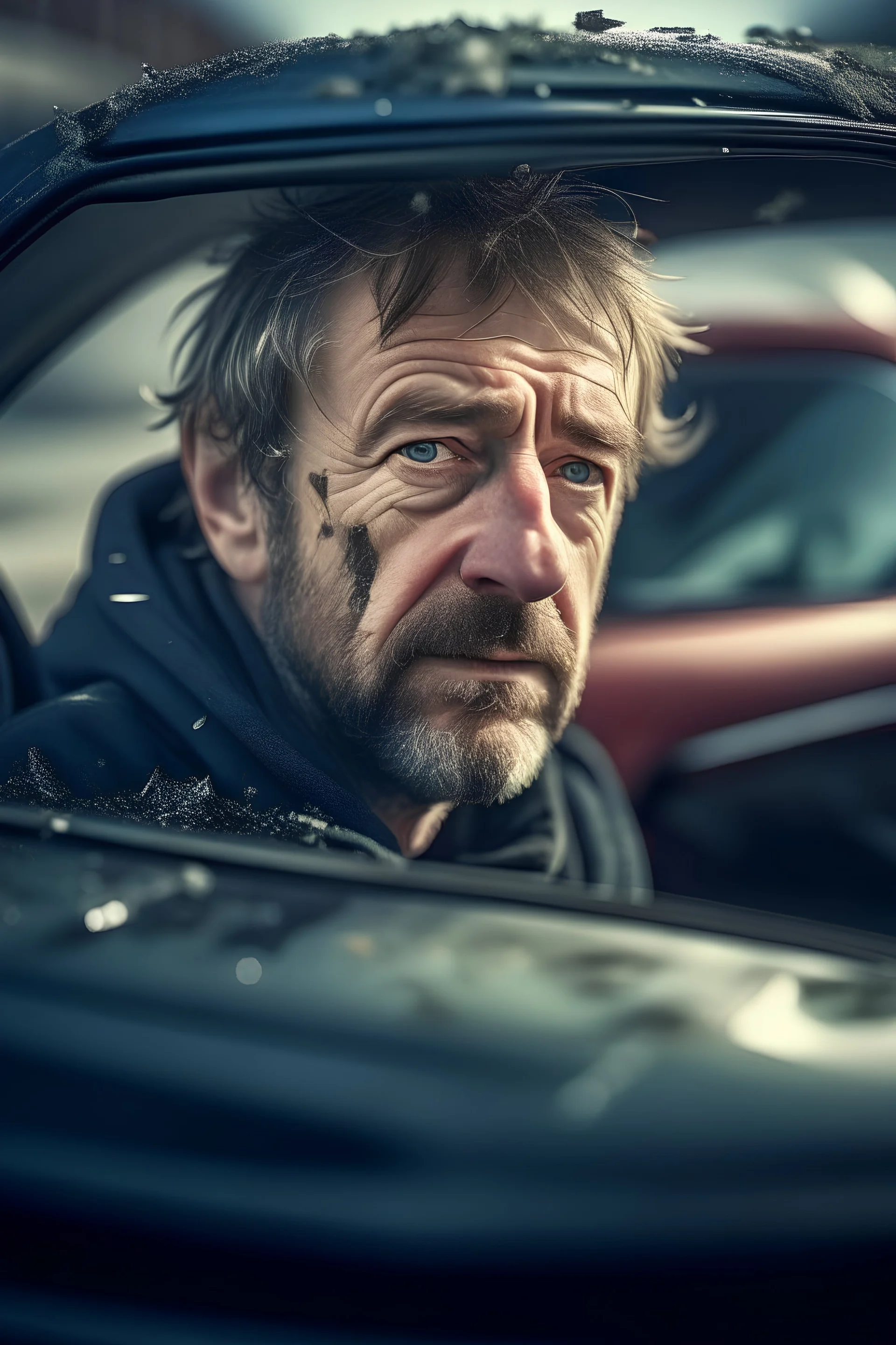 portrait of man stuck in deformed car after a crash ,shot on Hasselblad h6d-400c, zeiss prime lens, bokeh like f/0.8, tilt-shift lens 8k, high detail, smooth render, down-light, unreal engine, prize winning