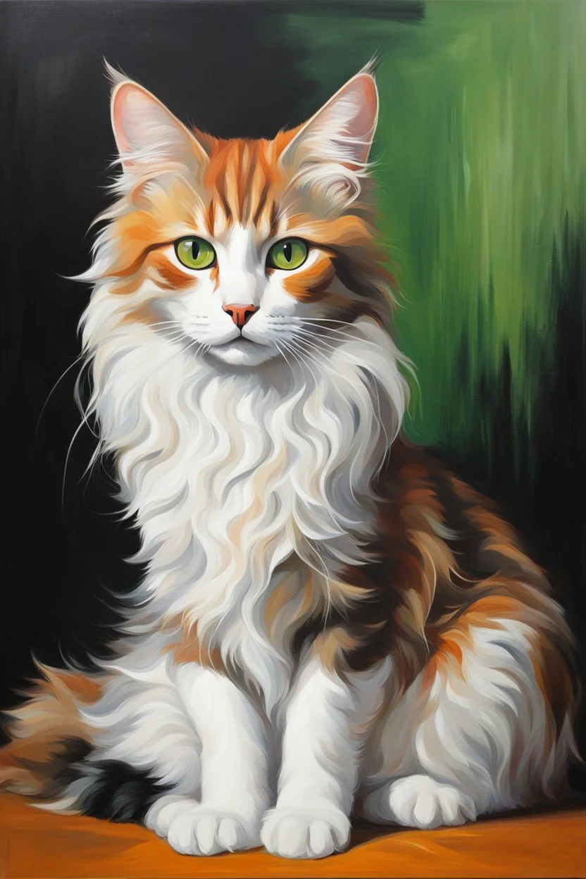 Oil on canvas of a beautiful cat with long, wavy, thick hair, pointed ears, bright green eyes, orange, black and white colors, ultra quality, (((full body))), sitting on the floor