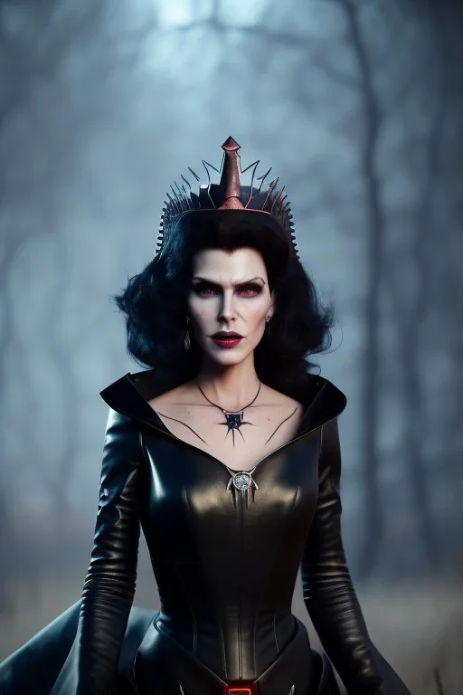 portrait of shae marks as evil queen in black leather gown, leather, angry, stern look, volumetric lighting, particales,highly detailed,cinematic, deep colours,8