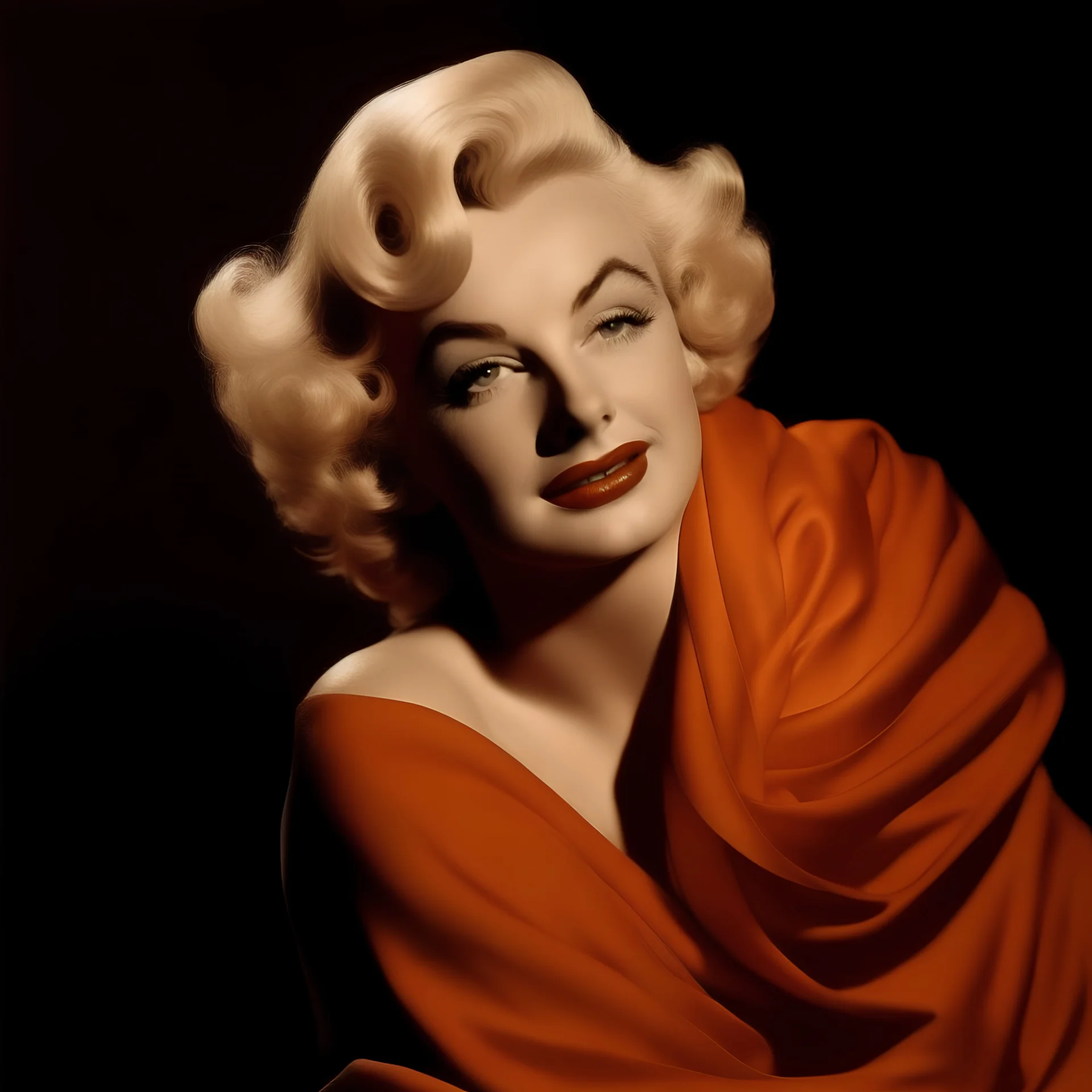 A photograph of marilyn monroe inthe style of milton greene, orange silk scarf, brown background