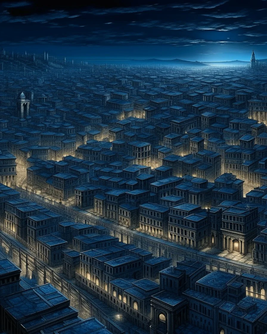 A grayish dark blue city in twilight designed in ancient Roman mosaics