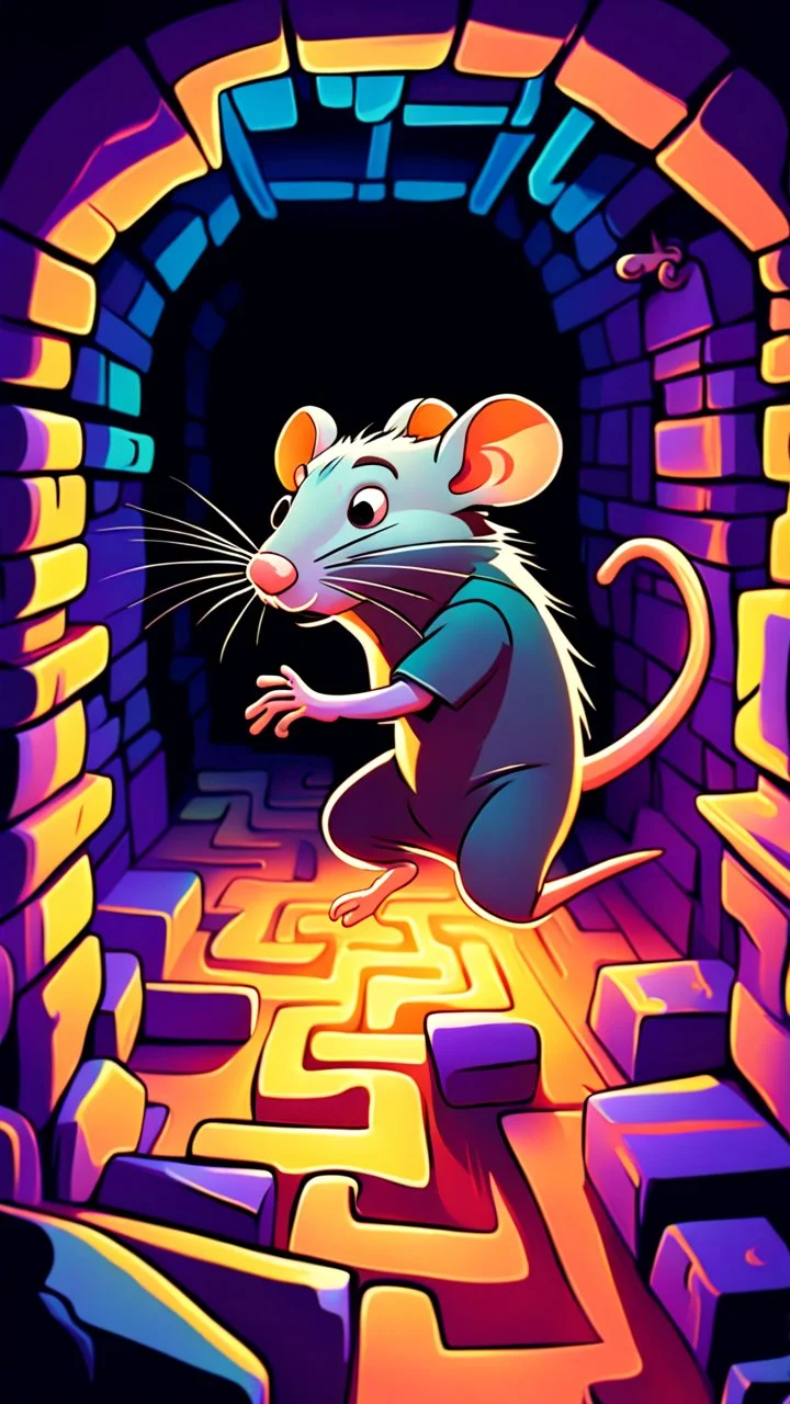 Scurry / Sneak: "A cartoon rat glowing slightly as it dashes quickly through a maze, whimsical dungeon environment, playful, exaggerated motion, fantasy illustration, vibrant colors."