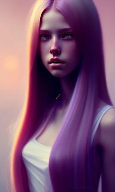 girl, cute, beautiful, long hair, head and shoulders portrait by Greg Rutkowski, purple hair