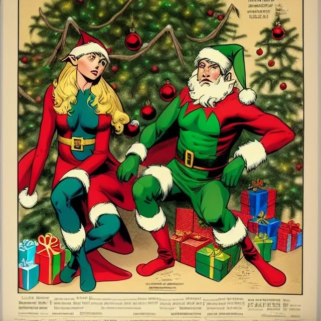 two elves. woman and man. Christmas scene. poster. marvel comic. low-key