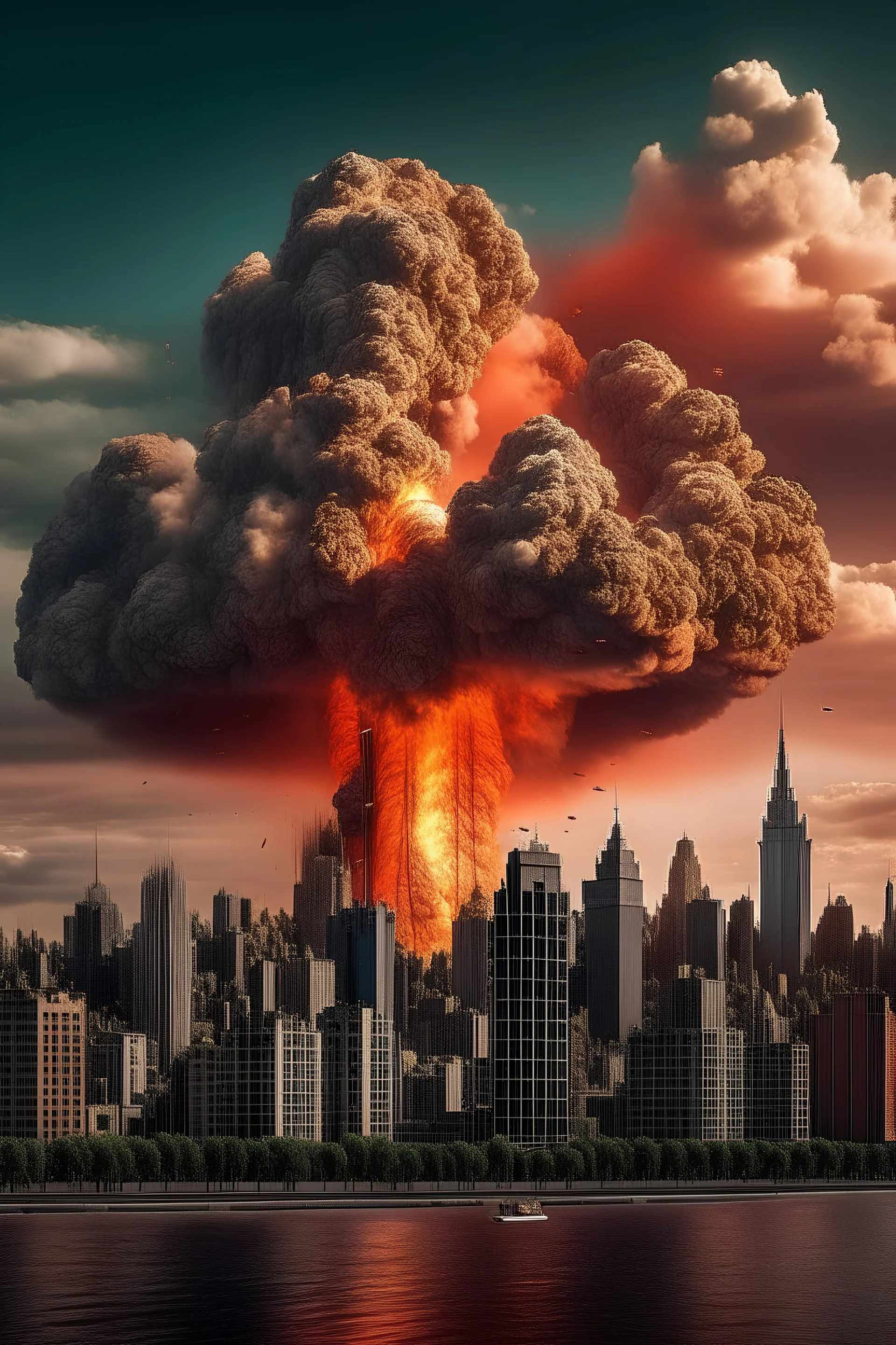 A volcano exploding over a new york city