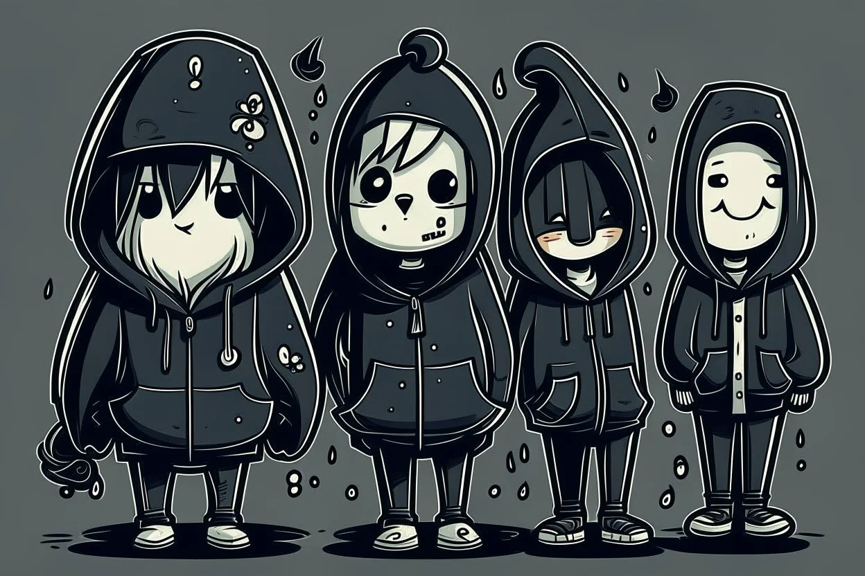 6 simple shaped shaped hand drawn cartoon characters that are cute dark and have hoodies