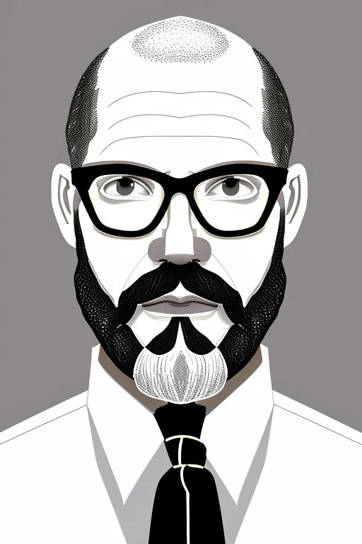 black and white,real estate agent,bald white male with bushy grey beard,55 years old,metal wire frame glasses,, necktie,portly,detailed drawing,white background