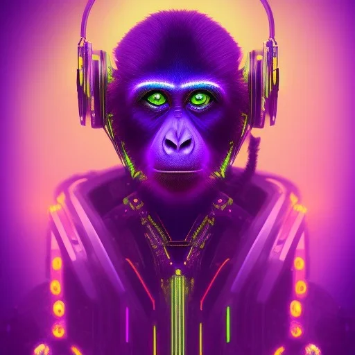 A beautiful portrait of a cyborg monkey purple neon color scheme, high key lighting, volumetric light high details psychedelic background