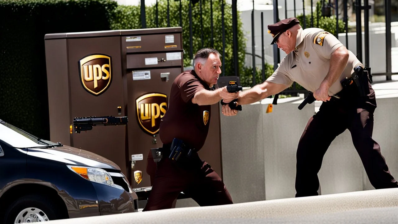 UPS delivery man at gate with angry man pointing gun at him