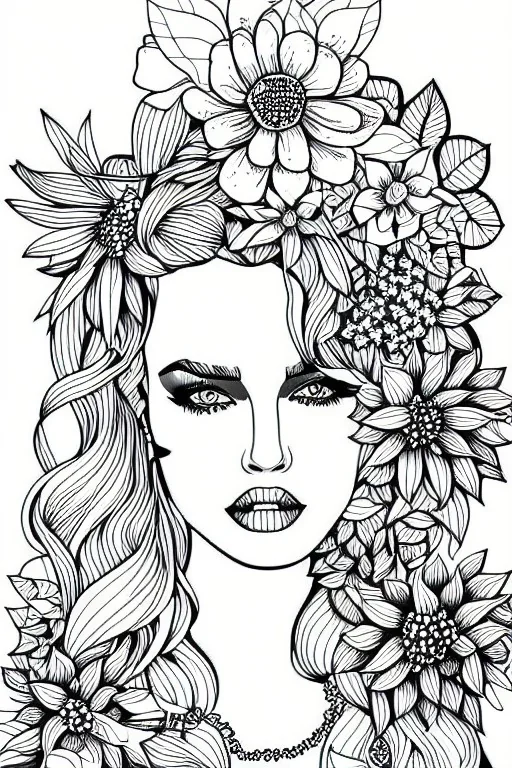 hyper detailed, black and white, thick line, coloring book illustration, lineart, stunningly beautiful woman in flowers