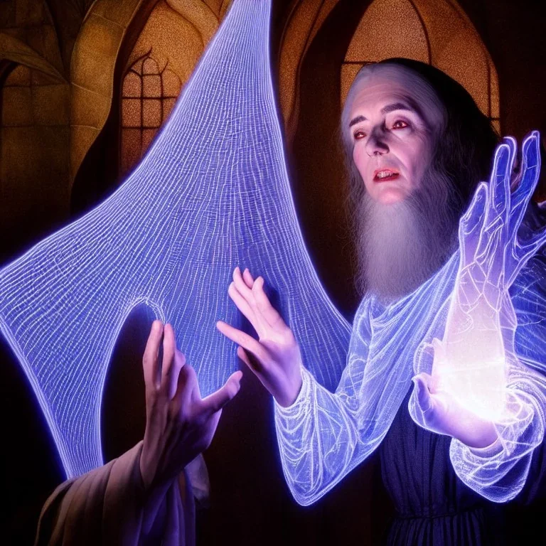 Cleric casting a magic spell, projecting hologram, 8k resolution, high-quality, fine-detail, iridescent, intricate, detailed matte, beautiful face, regal face, volumetric lighting, illustration, brian froud, howard lyon, selina french, anna dittmann, annie stokes, lisa parker, greg rutowski, frank miller, tim burton