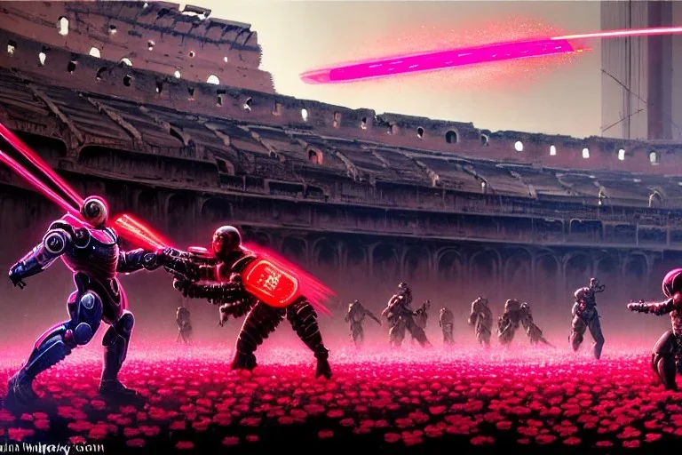 cyborgs fighting against each other in roman colosseum, perfect, sharp,red blossoms, laserweapongs,8k quality, cyberpunk art, neon lights, rustical, old technology, pink shining, showkampf, antik, römisches empire, wide angle,Art by John Berkey and John Harris and Craig Mullins, futuristic cyberpunk city, high rise, smooth, sharp focus, hyper detailed, digital painting, elegant, centered, detailed, neon signs, volumetric lightning, brutalist architecture, 8k, flying hover cars