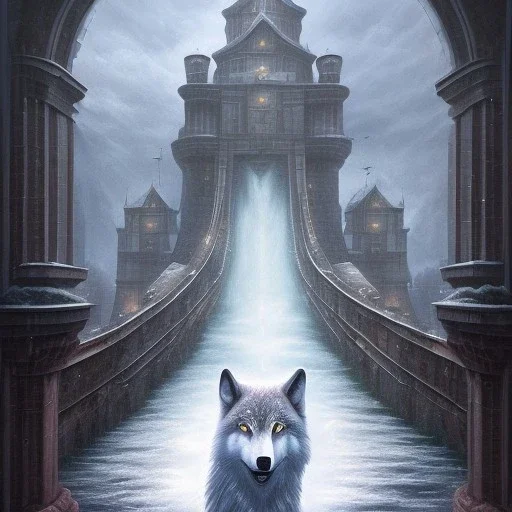 fantasy art, book cover, big mad wizard in front of the ebony stairs of a bridge or dam ,icy water, on the bridge is a wolf, there is also a hawk