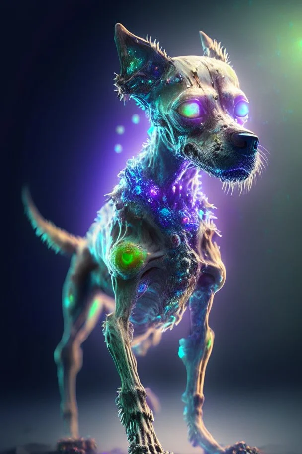 Zombie dog humanoid alien fused ,extremely detailed,crystal clear, mystical colors ,perfectly centered image, perfect composition, rim light, beautiful lighting, 8k, stunning scene, raytracing