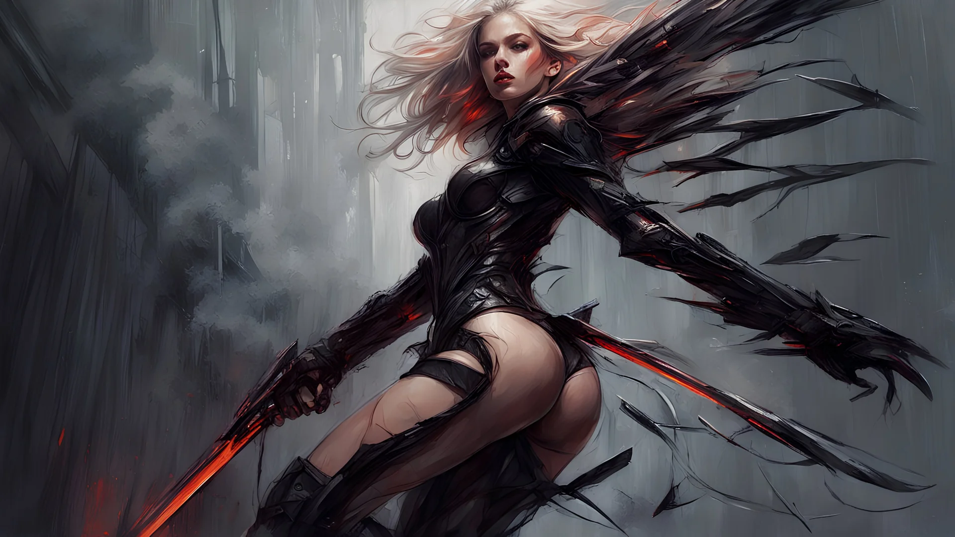 biomechanical women, beautiful, cyberpunk, dusty blonde, short square, large biomechanical black wings, sword, cybernetic, dynamic pose, rain, wind, ashes, flashes of fiery threads, sketch art, fine lines, grunge, sensual, darkness, dark colors, by Raymond Swanland & Alyssa Monks & Anna Razumovskaya