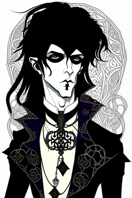 goth male necromancer with black hair and gothic jewelry in the style of Aubrey Beardsley