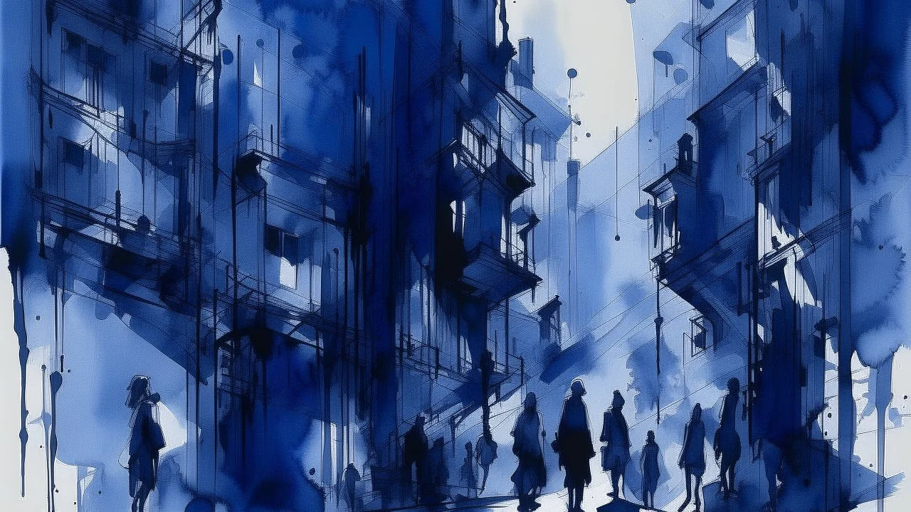 Flowing silhouettes cascade through a vertical composition in deep indigo and gray tones. The watercolor technique creates a sense of movement as figures blend and overlap, suggesting the connected nature of urban life. Negative space defines each form while architectural hints ground the scene in a city setting. The loose, fluid style emphasizes the rhythm of movement and the shared experience of urban dwelling.