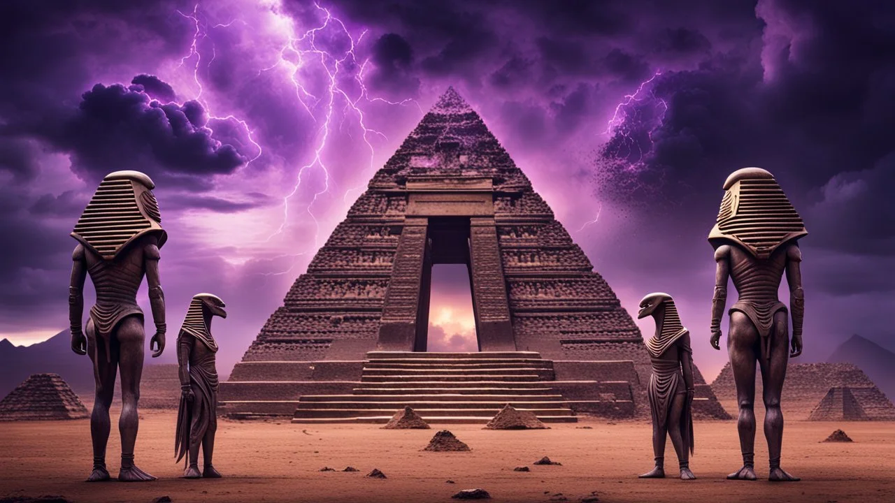 Hyper Realistic 5 Alien-Pharaohs guarding a prehistoric-pyramid with their galactic-weapons in-perfect-symmetrical-order & ancient ruins behind them with purple-cloudy-sky at dark-heavy-rainy-night giving dramatic & cinematic ambiance