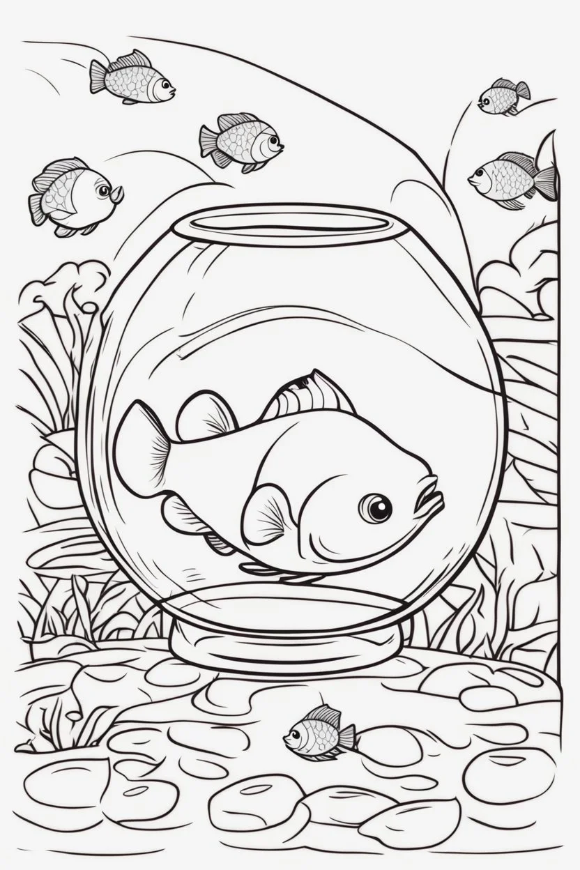 blank colouring book, white blank background, simple picture for toddlers, fish in a glass bowl, disney and pixar style
