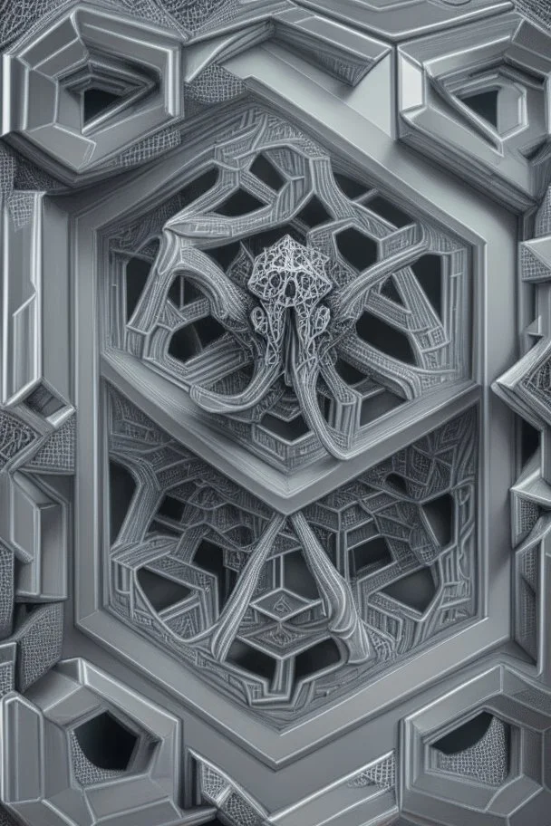 hexagon chrome labyrinth featuring illithid in the style of escher, 8k, trending art