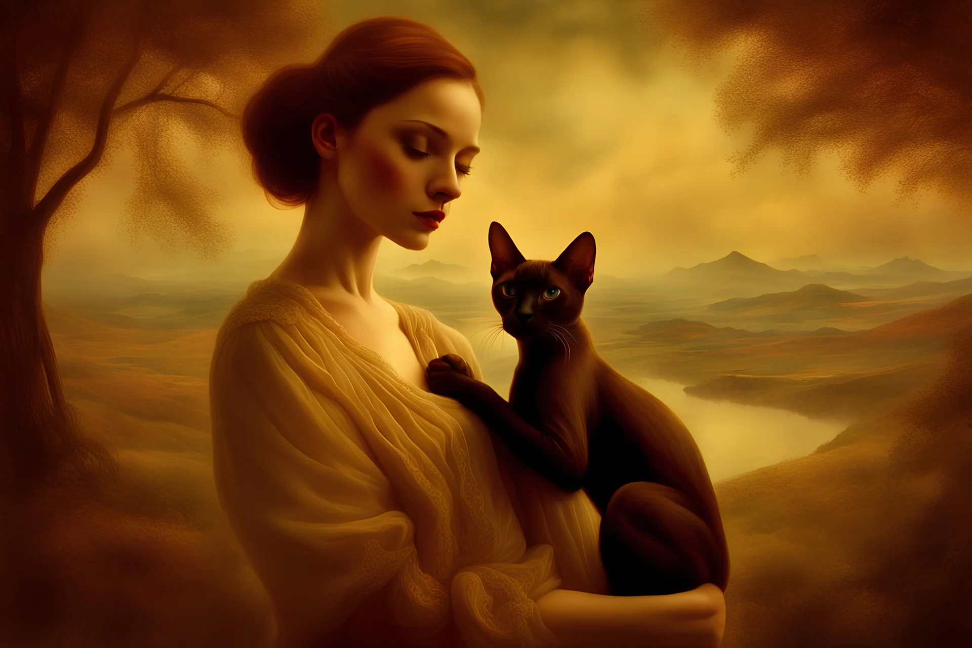 Single image: A Very Beautiful pretty dreamy Lady holding elegant Sphynx-like Siamese cat in eerie beautiful landscape art by Anka Zhuravleva, Sandy Welch, Jane Small, Aliza Razell, Eduard Veith, Joel Robison, Mikhail Vrubel, Ferdinand Hodler, Christoffer Relander, William Timlin, Charles Rennie Mackintosh, John Lowrie Morrison, Sidney Nolan. 3/4 Headshot, Volumetric lighting, 3d, mixed media, Best quality, crisp quality