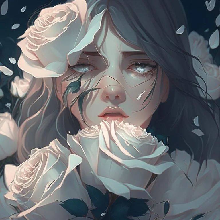 Pictures of a beautiful girl with a with background holding white roses covering her face Like from a cartoon movie, digital art, anime, 4k, full details, high resolution