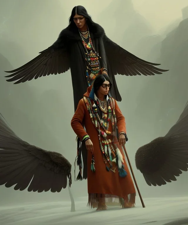 native american shaman, wise man, long black hair, black hooded coat like wings, 8k resolution concept art portrait by Greg Rutkowski