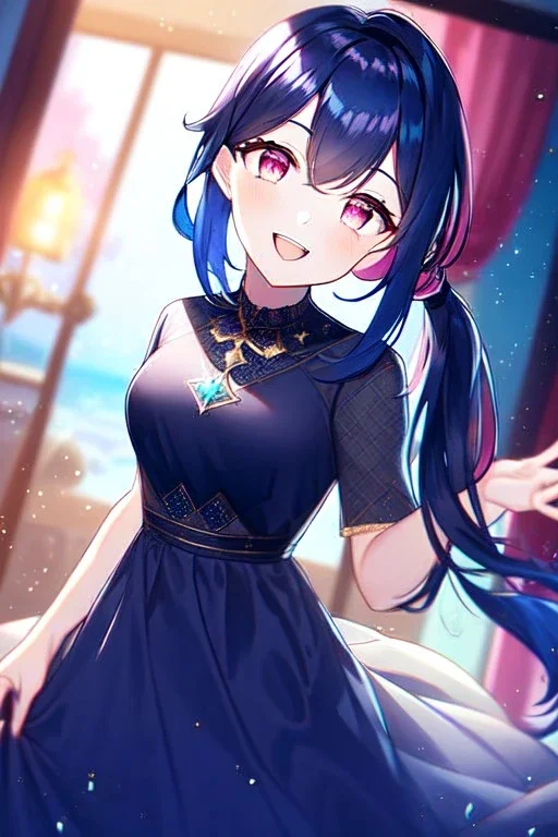 girl, masterpiece, best quality, cinematic lighting, detailed outfit, vibrant colors, perfect eyes, dark blue hair, pink eyes, long hair, low ponytail, dark blue dress, sparkle, depth of field, indoors, god rays, glowing light, ray tracing, laughing,