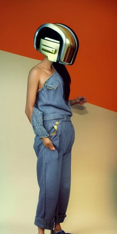 Asian, modern, beautiful woman, street, thick thigh, thick calves. Style futurism, 1996, daft punk,details ,Asa Akira.Mantle is sewed of recycled Denim and sewed together red felt pieces.Big headphones, with gold rings, is merged with small felt cap with small visor. A bag is integrated to the mantle. Big camouflage Patterns are composed of orange, cream, blue, lilac and purple. blue latex. It is with big bright purple felt tippet and cream-colored-hood. tippet