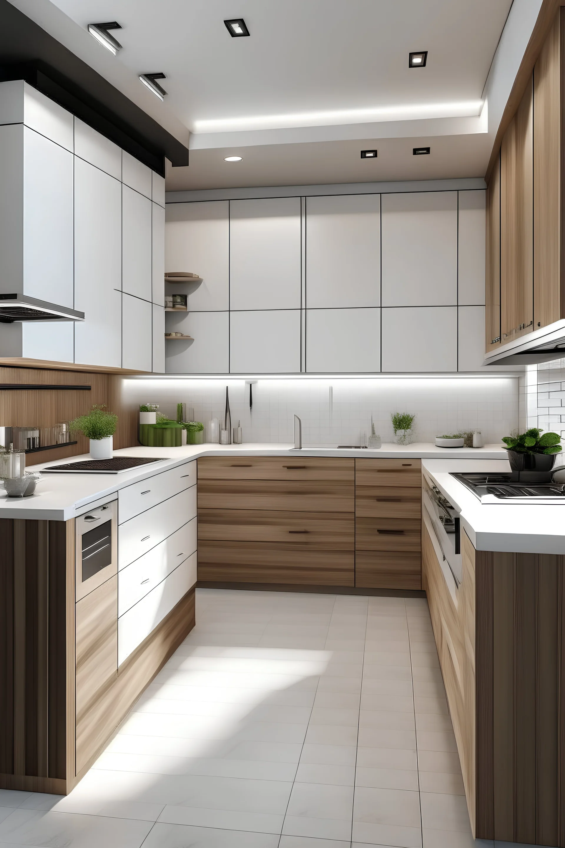 a kitchen with white and wooden texture mdf cabinets includ cnc