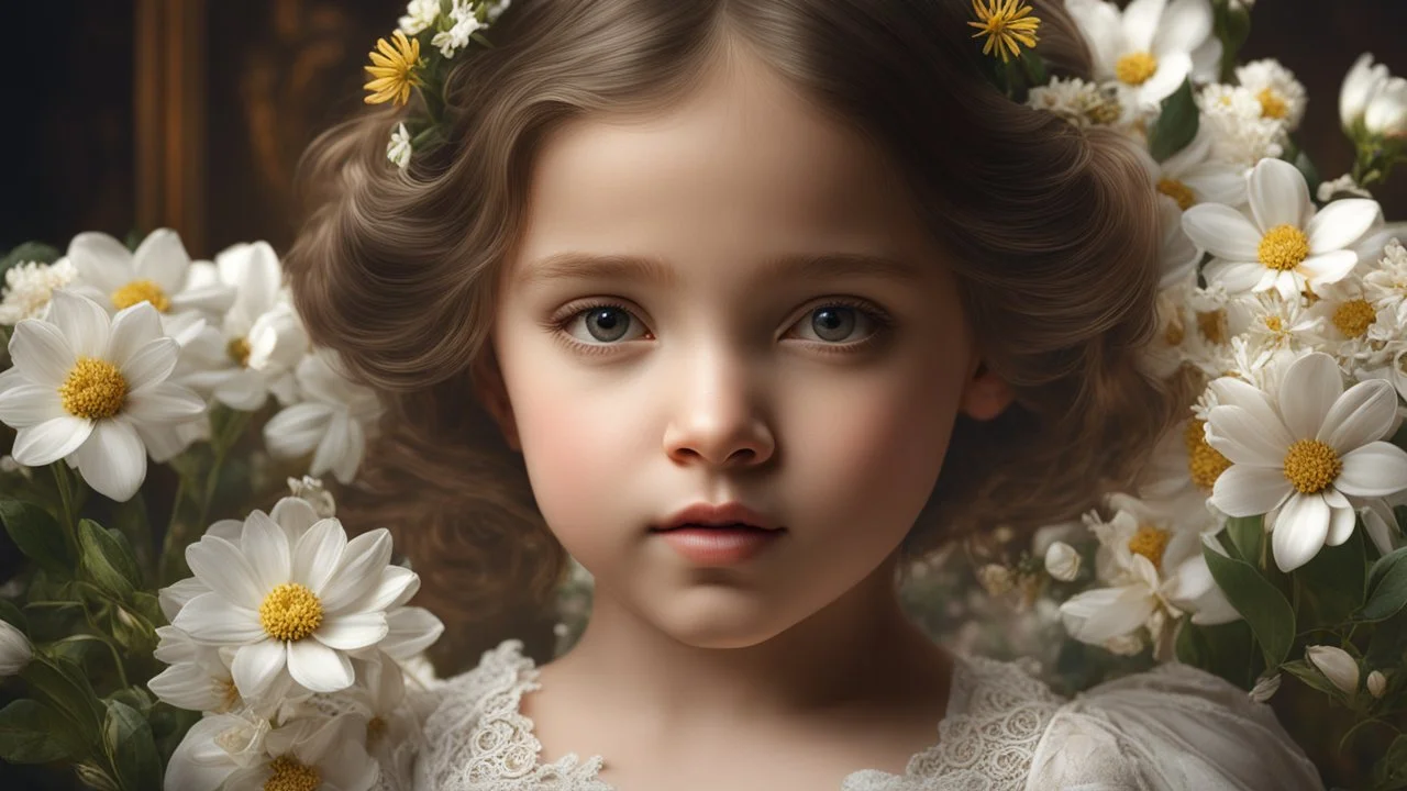 49216. young little girl, head and chest, perfect eyes, flowers, exquisite composition, beautiful detailed intricate insanely detailed octane render trending on artstation, 8k artistic photography, photorealistic concept art, soft natural volumetric cinematic perfect light, chiaroscuro, award-winning photograph, masterpiece, raphael, caravaggio, greg rutkowski, beeple, beksinski, alma tadema, Bouguereau