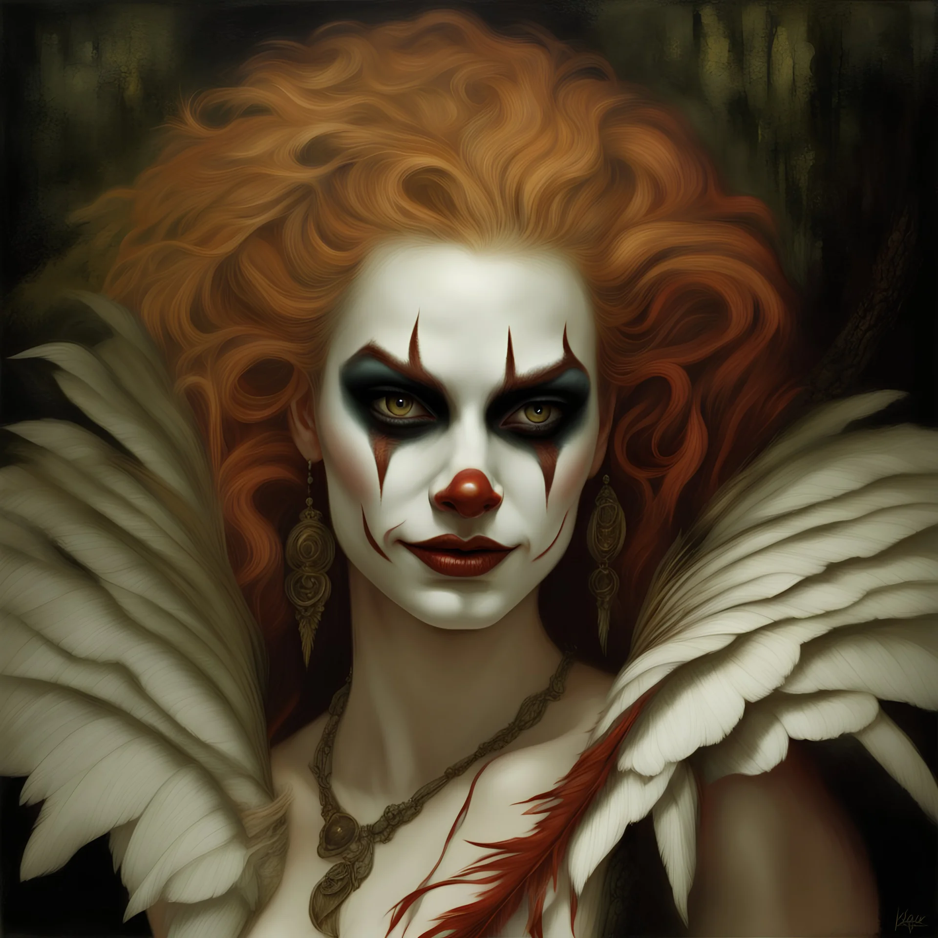 Photorealistic, Cajun swamp, A beautiful evil smirking scary looking, white young lady clown, reddish blonde hair, from Louisiana bayou with fine realistic black gold and red feathers, gorgeous face and features, a poor lady but beautiful and interesting background, award winning photo, Karol Bak, Caravaggio,