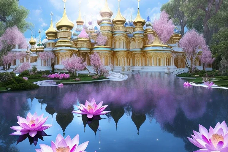 a magical crystal flower lotus magnolia lys bougainvillier, blue gold house +++russian palace castle in the woods, magnolias pink,blue lake,sun,white swanns,pink vertical, blue lake,sharp, vines, candlelit, endor, ornate, elegant, highly detailed, artstation, concept art, smooth, sharp focus, illustration, 8k, splash art, wallpaper, key visual