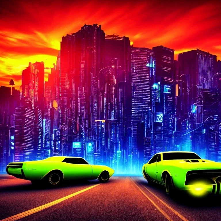 art deco, cyberpunk, two neon muscle cars, race, desert road, sunset, full colour, hd,