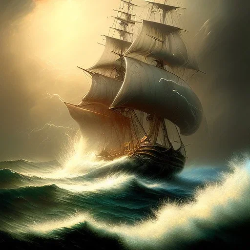 frank frazetta style, pirate ship, ocean, storm, night, sea monster