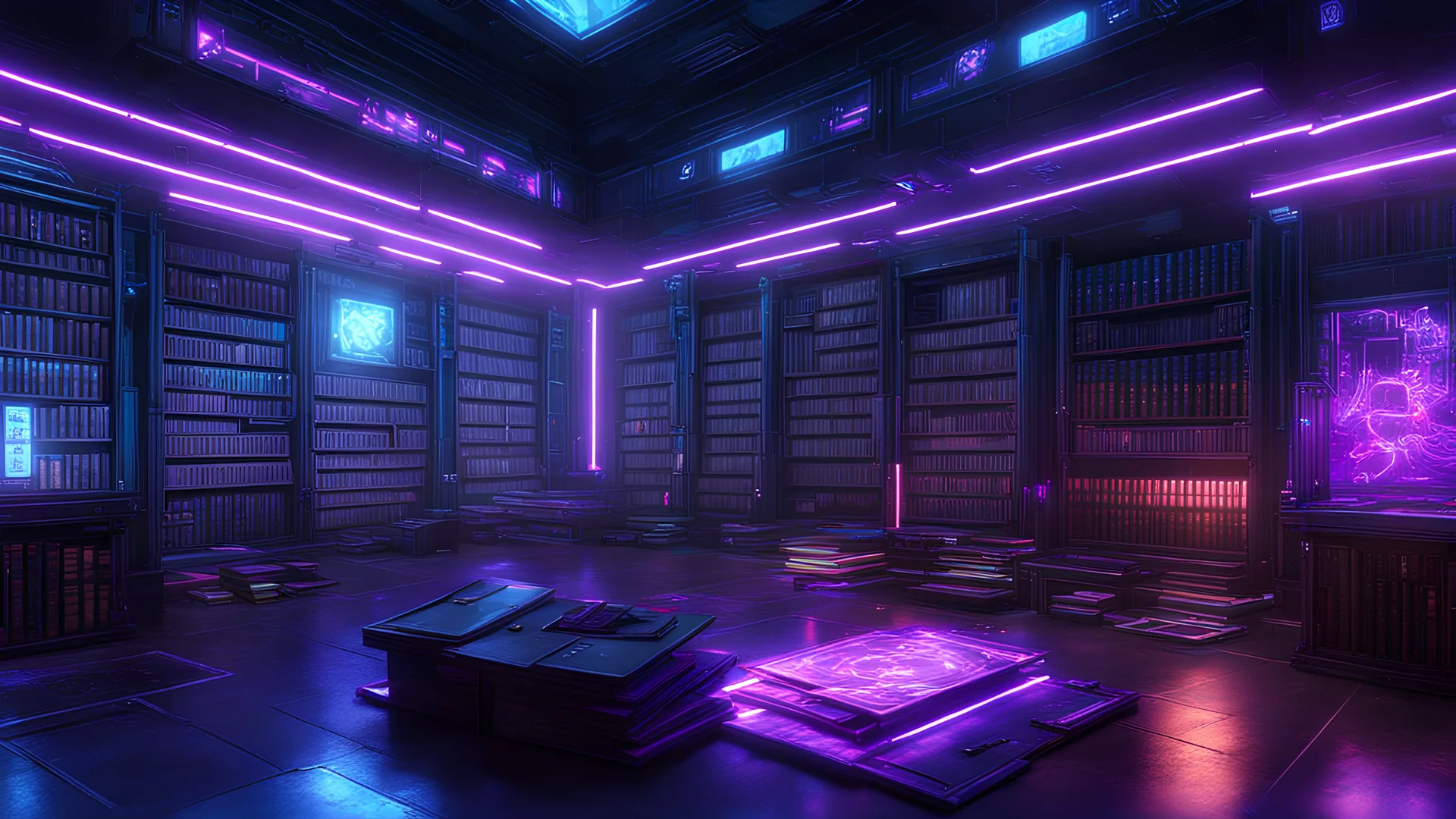 Cyberpunk library. Detailed. Rendered in Unity. Japanese elements. Purple and blue lighting. Holograms. Environment art.