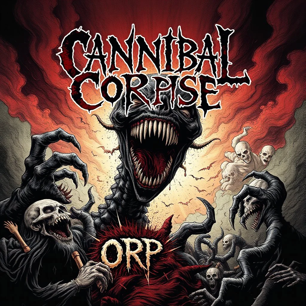 Chaos horrific, Carnivorous attack Apocalyptic plight, Grotesque morbid threat, illustrative style by Arturo Souto, unbalanced, offset, non-symmetrical surreal horror, text "Cannibal Corpse" album cover aesthetic in a death metal font