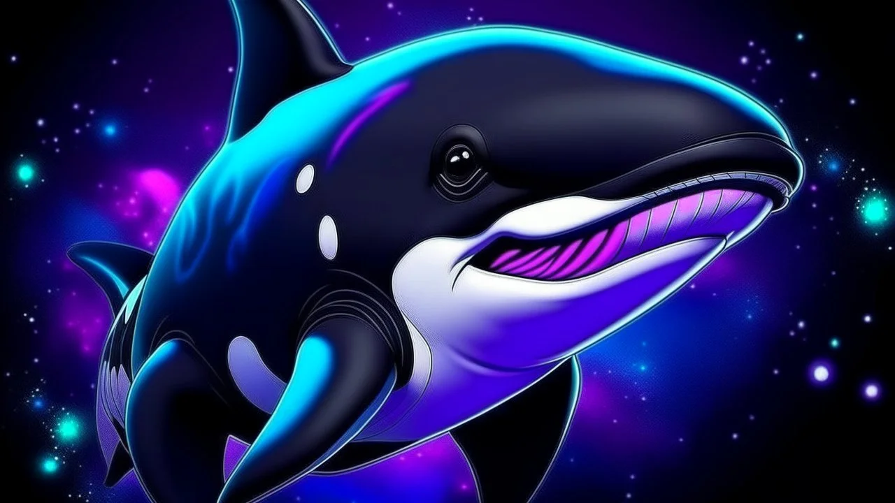 Portrait of pretty killer whale wearing a violet collar on space background