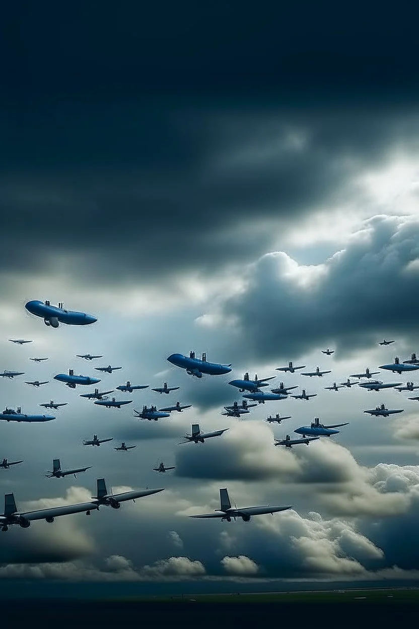 Looking up above in the The cloudy stormy sky filled with a lot of Boeing B-52 Stratofortress airplanes