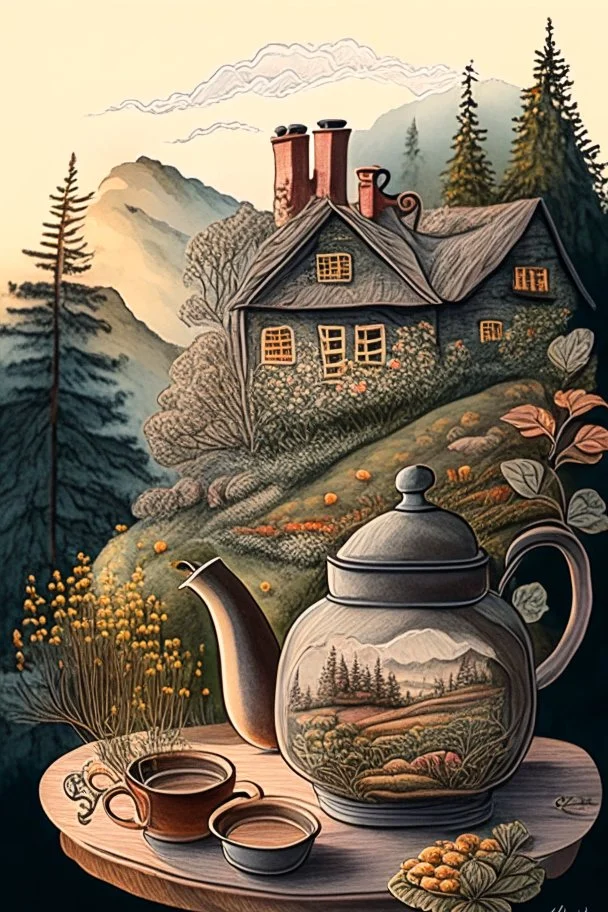 Cozy vibes drawing art tea pot, gardeners home scene in tea pot with Appalachia in the background