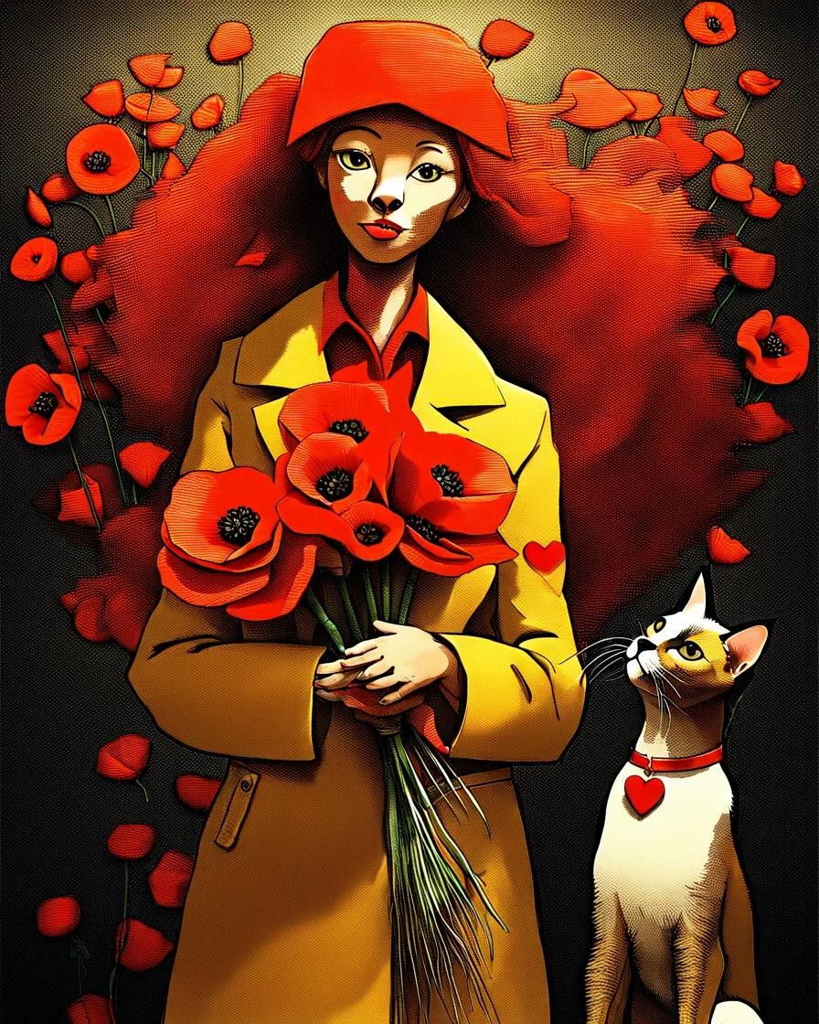Create a moving illustration of a red girl wearing a yellow coat holding a bouquet of red poppies, standing peacefully, head leaning upward. A Oriental shorthair Siamese chocolate point cat with a red heart-shaped collar sits at her feet, looking up adoredly. Use a dark, textured background to accentuate the heat of the subjects. Emphasize a calm and introspective atmosphere. HD