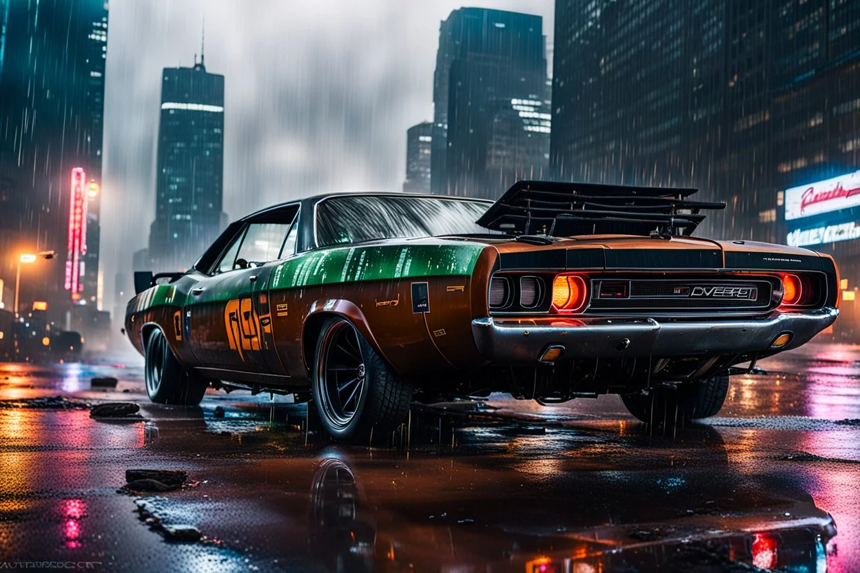 photo of a retrofitted cyberpunk 1969 Dodge Charger R/T model with (heavily battered:1.6) and rusty body, special assembly parts fitted to the hood and roof, black windshields, aggressor thin led headlights and rusty dark rims, menacing car style, cyberpunk city scene in background, towering skyscrapers, heavy rain