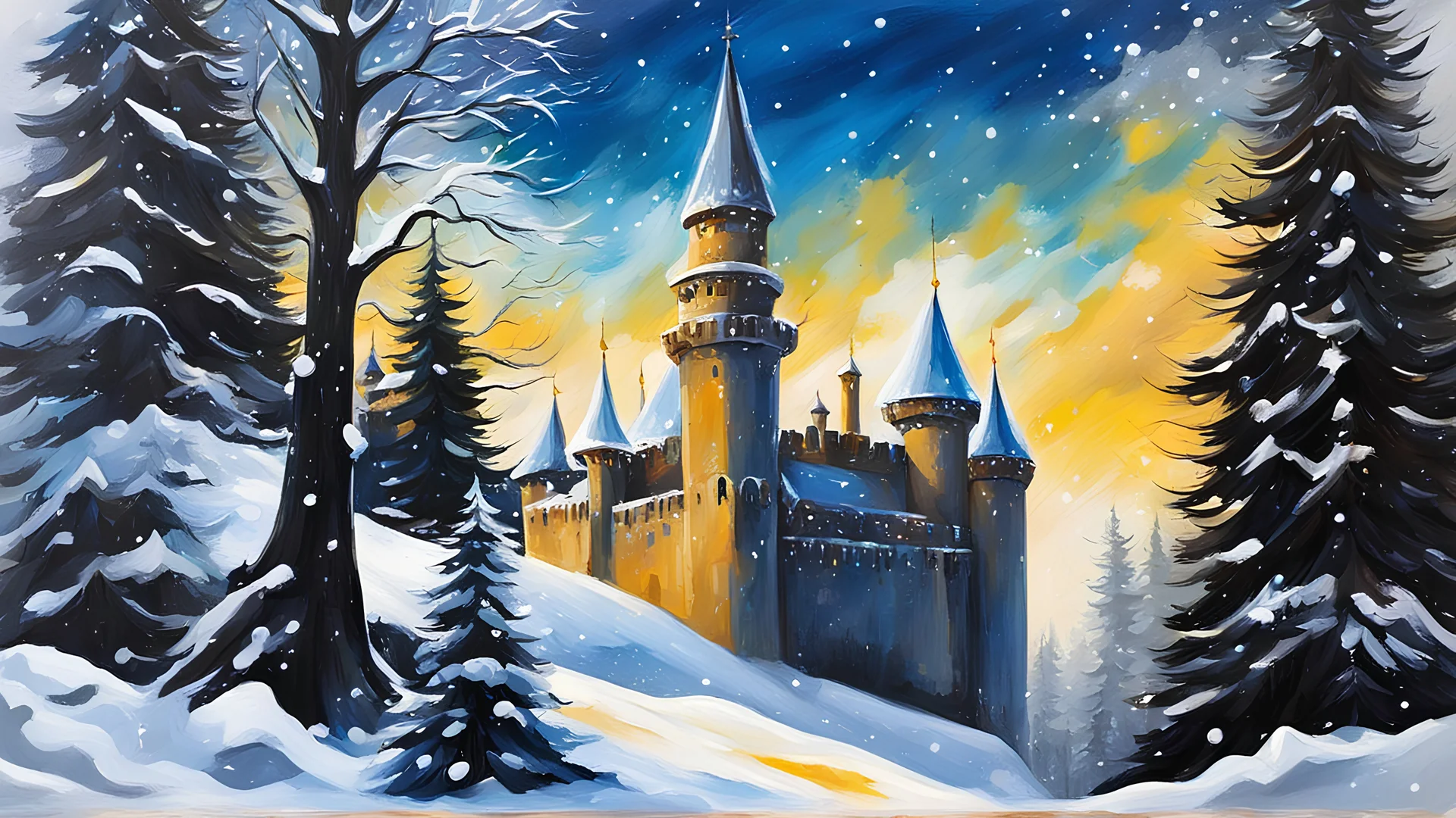 acrylic illustration, acrylic paint, oily sketch, snow maiden on the background of a castle and a forest