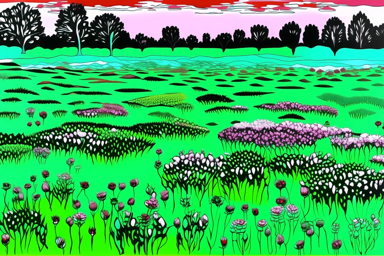 A mint colored fields with bugs and hives painted by Andy Warhol