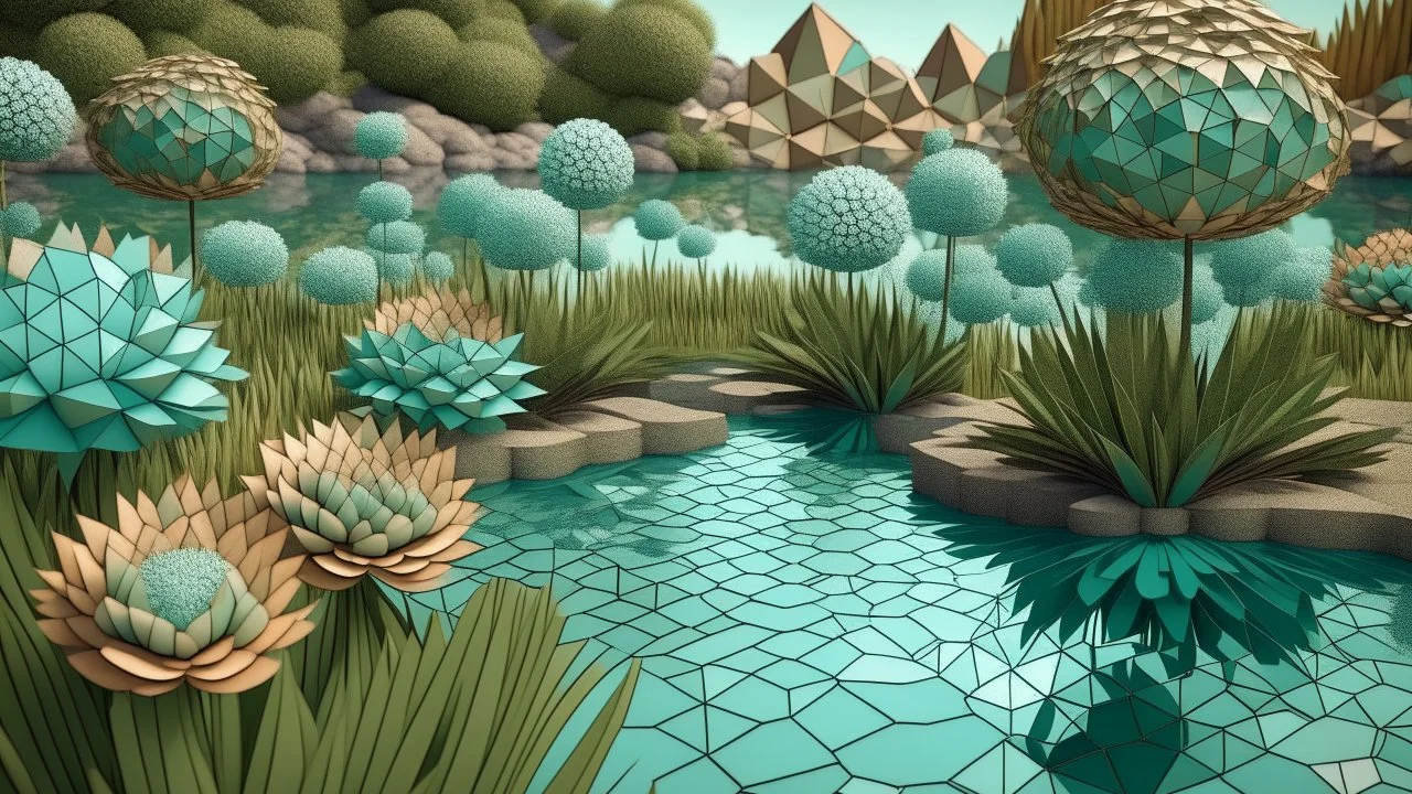 Contemplative and realist photo of 3D geometric flowers. Background is a garden with a lake. Colors are light blue, light brown and light green.