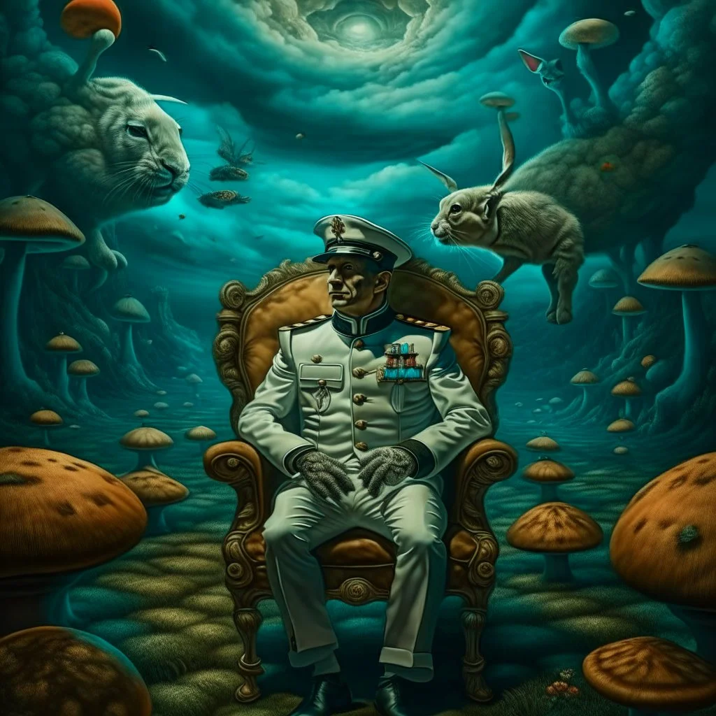 portrait of macho army officer on a bar chair inside mushroom grove with huge fluffy space chinchilla in the style of Salvador Dali, 4 k, down-light, soft light, depth of field, photo realism, trending on art station, high detail, spray paint