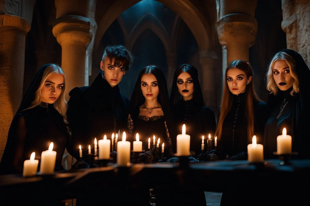 young gothic people with big dark shiny eyes, tiny nose, tiny mouth black nice cloth make a gothic party on big balkone in the castle, nightly mood,pale lights, candles, high detailed, weird, surreal mood, cinematic